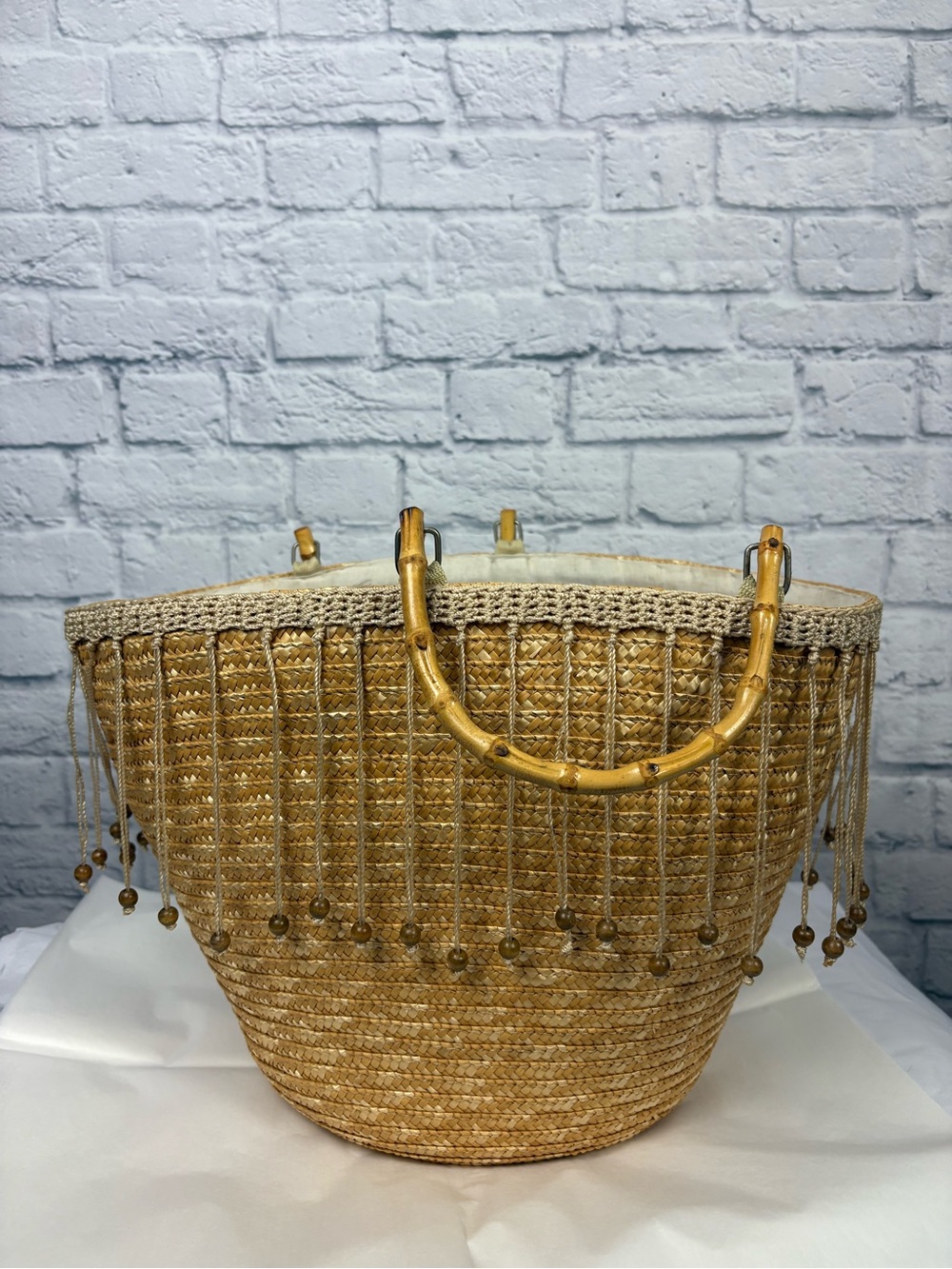 Boho Straw Market Tote Bag Bamboo Handle Woven Beach Purse Beaded Fringe Large - Picture 4 of 7